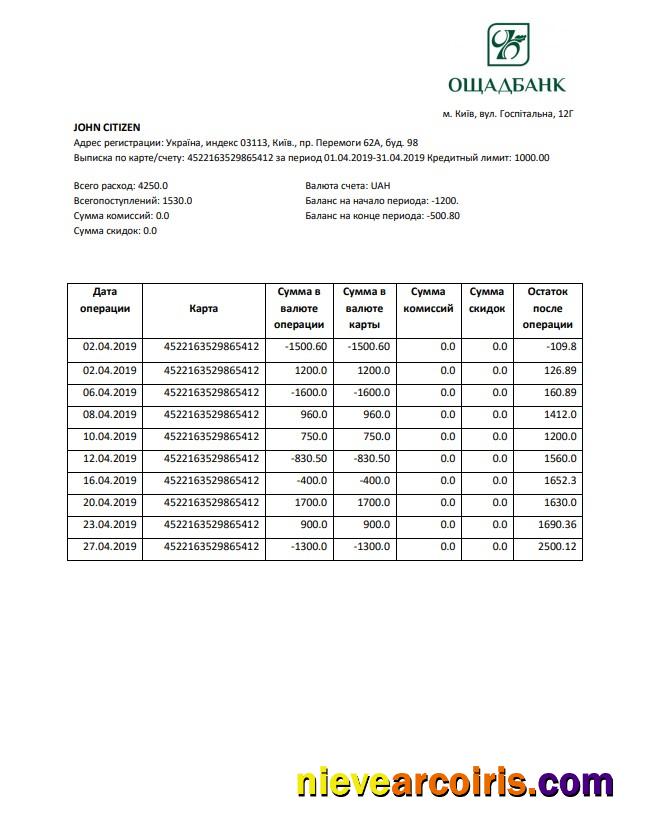 Ukraine Oshadbank statement in Word and PDF format